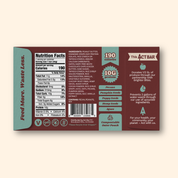 Nutrition facts label and ingredients list on a product packaging with a brown background